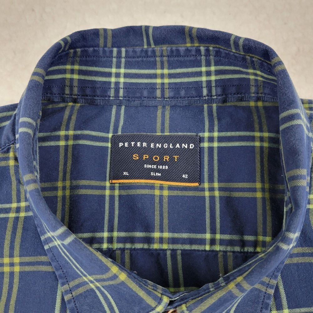 Peter England Sport Slim Button Up Shirt Mens XL‎ Slim 42 Long Sleeve Plaid Blue